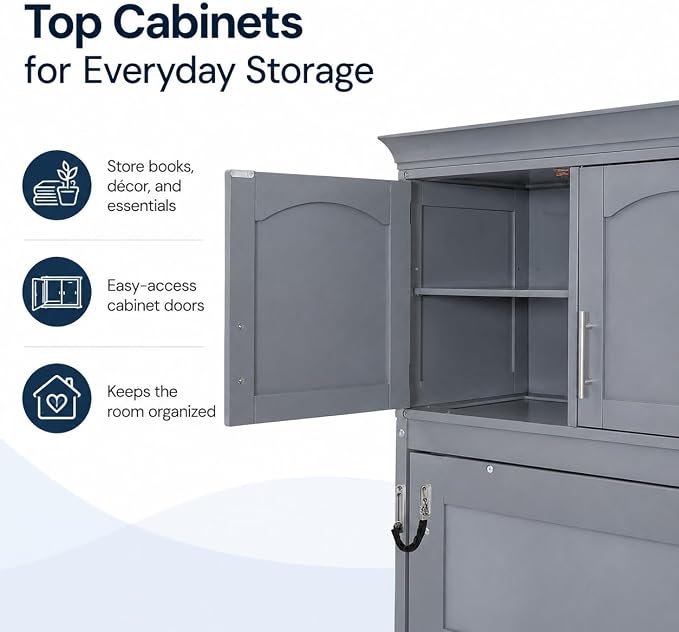 Queen Murphy Bed Cabinet, Wall Bed with Storage, Folding Cabinet Bed with Dual Piston Metal Mechanism, Murphy Cabinet Space Saving Bed for Guest Room, Home Office, Apartment(Gray 2)