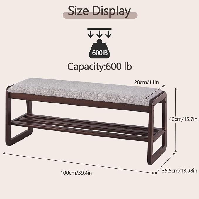 Achicsofar Shoe Rack Bench,2 Tier Solid Wooden Entryway Bench(Gray Lilac) | with Shoe Storage, Shoe Rack with Cushion, for Living Room, Hallway, Garage, 11.8"D x 39.4"W x 16.5"H