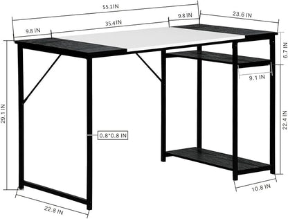 FurnitureR Computer Desk with Shelves for Small Spaces Simple Home Office Desk Study Writing Office Table Laptop PC Writing Desks (White, 55.1 Inch)