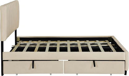 Bellemave Queen Bed Frame with Trundle Bed,Velvet Upholstered Platform Bed Frame with Storage Drawers,Queen Size Trundle Bed with Headboard for Kids Teens Adults,Beige
