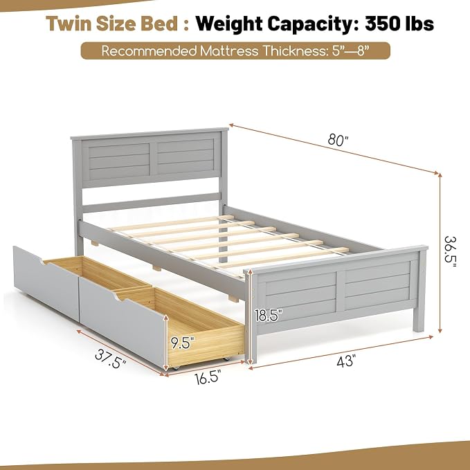 GOFLAME Twin Size Bed Frame with 2 Drawers, Platform Bed with Solid Wood Headboard & Footboard, Wood Slats Support Mattress Foundation, Under Bed Storage, No Box Spring Needed, Easy Assembly, Grey