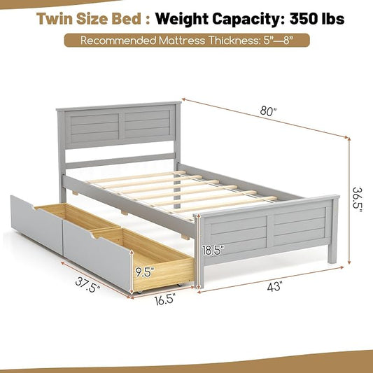 GOFLAME Twin Size Bed Frame with 2 Drawers, Platform Bed with Solid Wood Headboard & Footboard, Wood Slats Support Mattress Foundation, Under Bed Storage, No Box Spring Needed, Easy Assembly, Grey