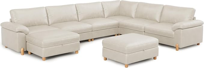 SITJOY Large Cloud Couch, 138" Wide 6 Seater V Shape, Faux Leather in White | Pet-Friendly Scratch-Resistant Leather Sectional Sofas for Living Room, Deep Seat Wide Couch with Chaise, Storage Ottoman