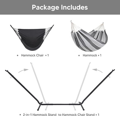 SUNCREAT 2-in-1 Convertible Backyard Fabric Hammock with Stand, Large Hammocks for Outside, Light Gray & Dark Gray