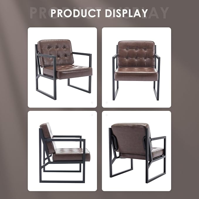 COLAMY Mid Century Modern Accent Chair, Comfy Living Room Chairs, Brown Leather Accent Chair, Faux Leather Reception Armchair with Metal Legs for Living Room Bedroom Reception Waiting Room, Brown
