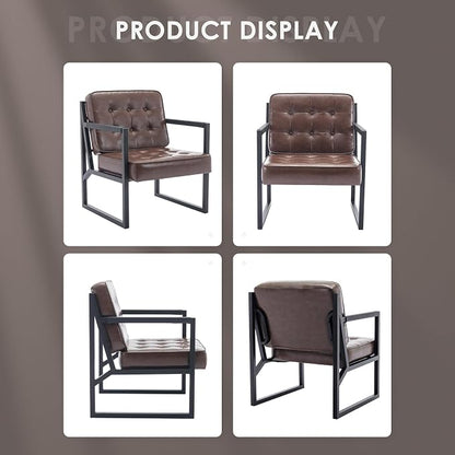 COLAMY Mid Century Modern Accent Chair, Comfy Living Room Chairs, Brown Leather Accent Chair, Faux Leather Reception Armchair with Metal Legs for Living Room Bedroom Reception Waiting Room, Brown
