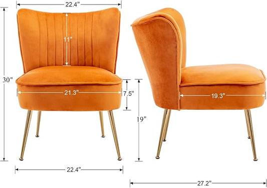 DUOMAY Modern Accent Chair Set of 2 Velvet Slipper Chair with Gold Legs Wingback Side Chair for Living Room Bedroom Entryway Small Corner Chair for Space Saving, Orange