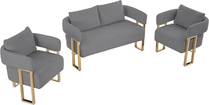YISHENG Loveseat Sofa and 2 Accent Chairs Comfy Sofa Modern Accent Chairs for Living Room with Golden Legs Teddy Upholstered Reading Armchairs no Wheels for Reception Room//Bedroom/Lounge/Office,Grey