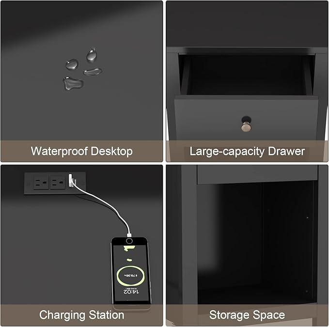 ChooChoo Black Nightstand Set of 2,Night Stand with Charging Station, Wooden Top Bedside End Table with Drawer and Storage Space for Bedroom