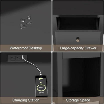 ChooChoo Black Nightstand Set of 2,Night Stand with Charging Station, Wooden Top Bedside End Table with Drawer and Storage Space for Bedroom