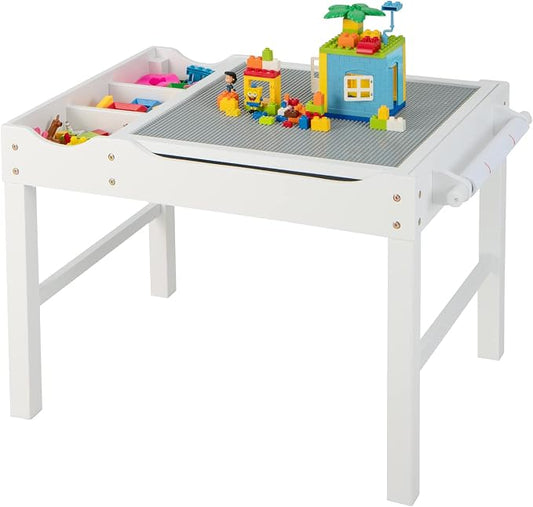 Costzon Kids Table, 3 in 1 Wood Building Block Desk w/Storage, Paper Roll, Reversible Tabletop for Toddler Arts, Crafts, Drawing, Reading, Playing, Gift for Boys Girls, Activity Table (White)