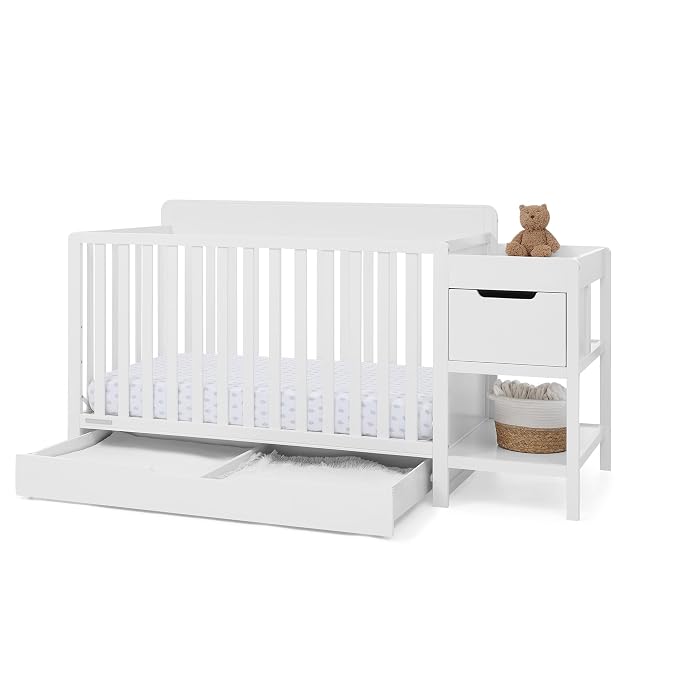 Delta Children Maya 5-in-1 Convertible Crib and Changer with Storage, Converts to Toddler Bed, Daybed, Sofa & Full Bed, Greenguard Gold Certified, 3 Mattress Heights for Baby, Bianca White