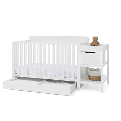 Delta Children Maya 5-in-1 Convertible Crib and Changer with Storage, Converts to Toddler Bed, Daybed, Sofa & Full Bed, Greenguard Gold Certified, 3 Mattress Heights for Baby, Bianca White