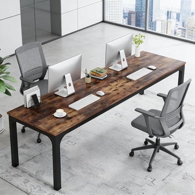 Practical Computer Desk,Rectangle Conference Table,Executive Desk(Only Table) (Black + Rustic Brown + MDF+Iron)