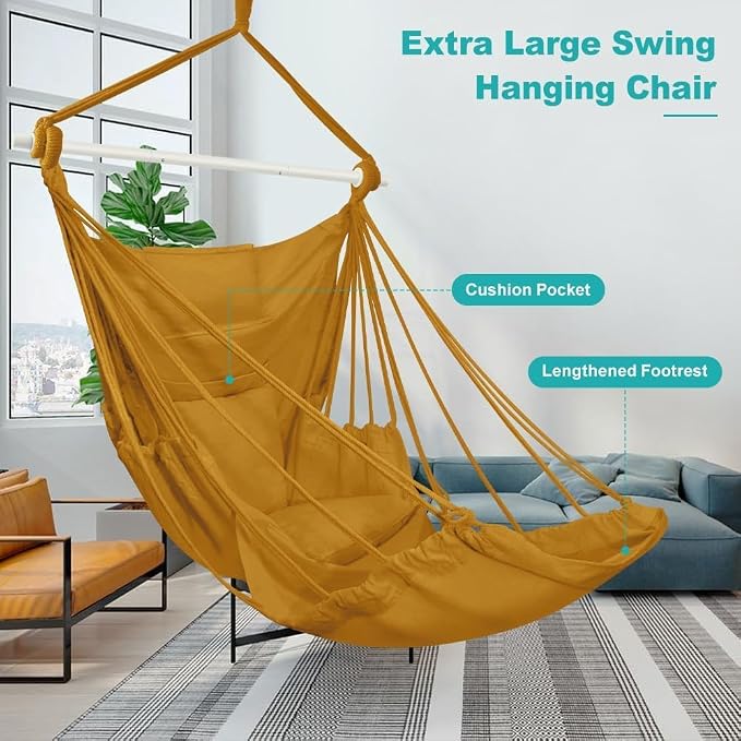 Outerman Hammock Chair, Hanging Chair with 3 Cushions and Foot Rest Support, Durable Metal Spreader Bar Max 500Lbs, Swing Chair for Bedroom, Indoor & Outdoor, Patio, Porch or Tree（Khaki）