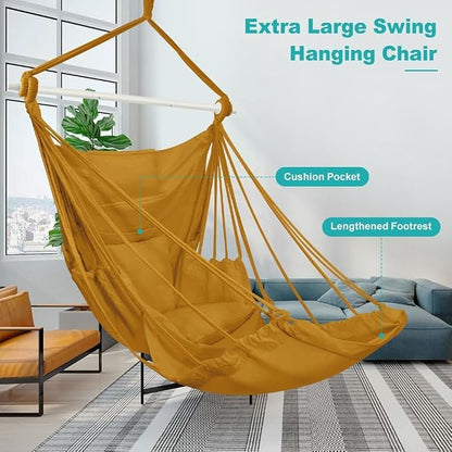 Outerman Hammock Chair, Hanging Chair with 3 Cushions and Foot Rest Support, Durable Metal Spreader Bar Max 500Lbs, Swing Chair for Bedroom, Indoor & Outdoor, Patio, Porch or Tree（Khaki）