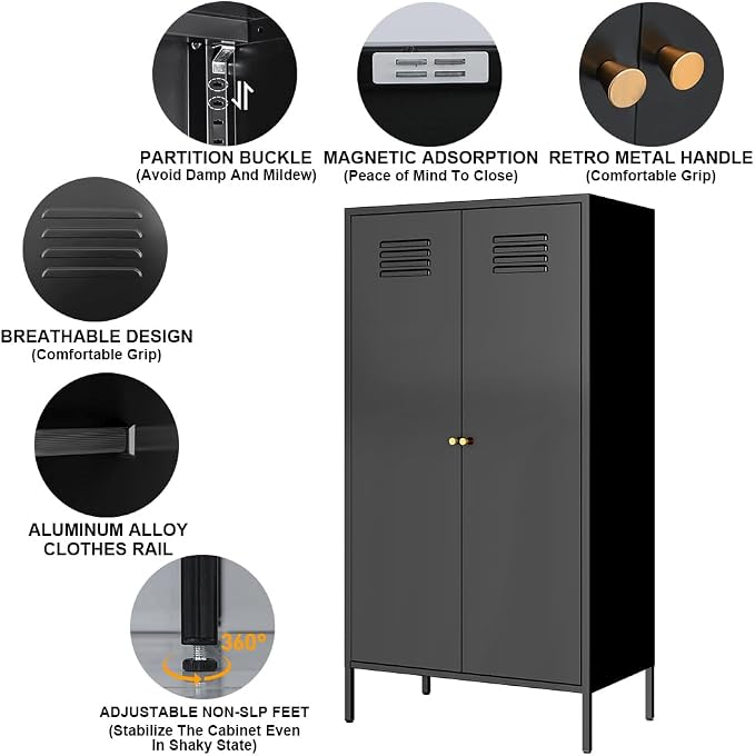 2 Door Metal Cabinet with Hanging Rod and 2 Freely Adjustable Shelves,Storage Locker Cabinet Closet for Office,Garage(Cabinet, Black)