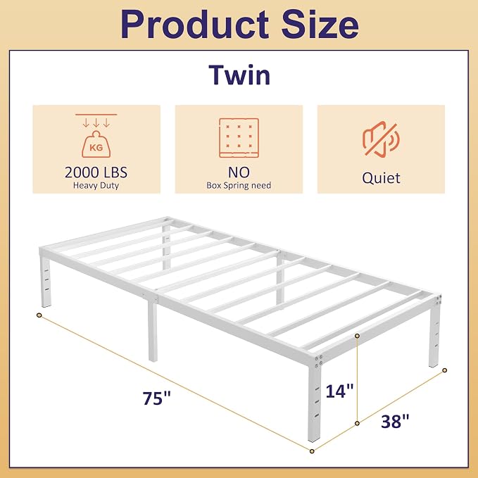 YUSENHEEI 14 Inch Twin Bed Frames No Box Spring Needed, Heavy Duty Metal Twin Platform Bed Frame with Large Underbed Storage Space, Noise Free, Easy Assembly, White