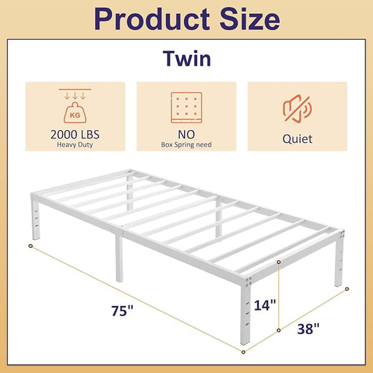 YUSENHEEI 14 Inch Twin Bed Frames No Box Spring Needed, Heavy Duty Metal Twin Platform Bed Frame with Large Underbed Storage Space, Noise Free, Easy Assembly, White
