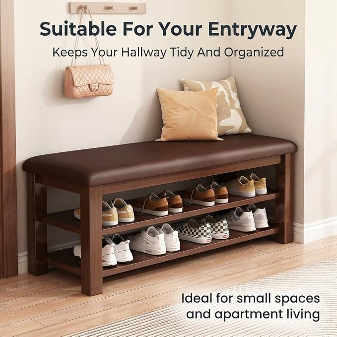 2 Tier Shoe Storage Bench for Entryway | Sturdy Rubberwood Shoe Rack with Cushioned Seat, Space-Saving Organizer for Closet(Yellow,80cm/31.4in)