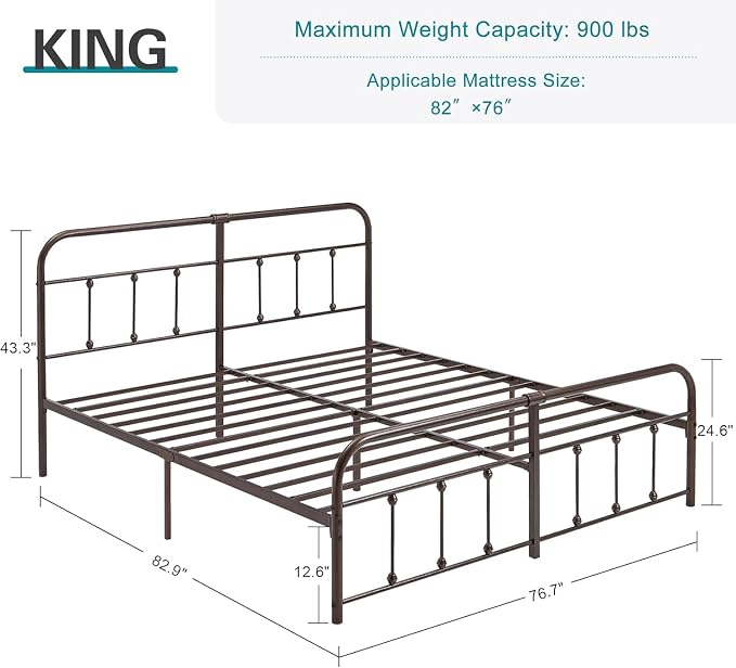 VECELO King Size Victorian Style Metal Bed Frame with Headboard/Mattress Foundation/No Box Spring Needed/Under Bed Storage and Strong Slat Support Purple Bronze