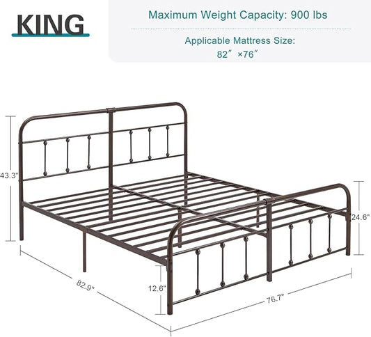 VECELO King Size Victorian Style Metal Bed Frame with Headboard/Mattress Foundation/No Box Spring Needed/Under Bed Storage and Strong Slat Support Purple Bronze