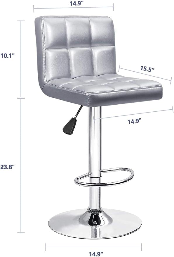 Furniwell Bar Stools Modern Pu Leather Swivel Adjustable Barstools Armless Counter Height Swivel Bar Stool Synthetic Leather Height Square Barstool with Set of 2(Silver)