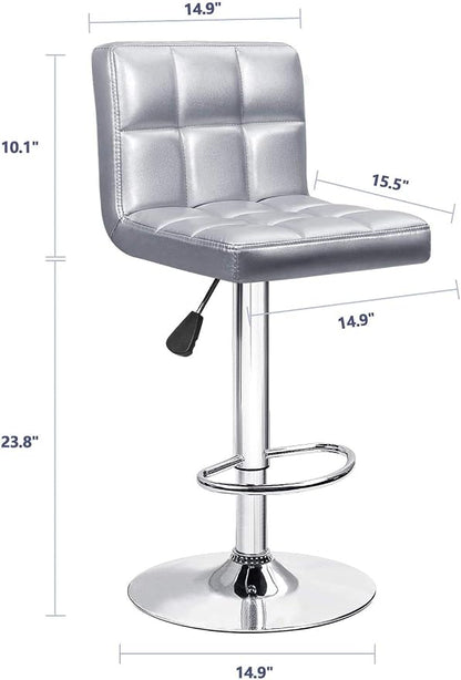 Furniwell Bar Stools Modern Pu Leather Swivel Adjustable Barstools Armless Counter Height Swivel Bar Stool Synthetic Leather Height Square Barstool with Set of 2(Silver)