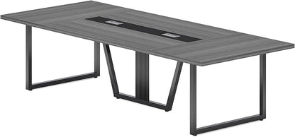 LITTLE TREE 8FT Conference Table for 10 People, Large Meeting Table, Modern Wooden Conference Room Tables with Cable Management, Business Style Training Tables with Strong Metal Legs for Office, Grey