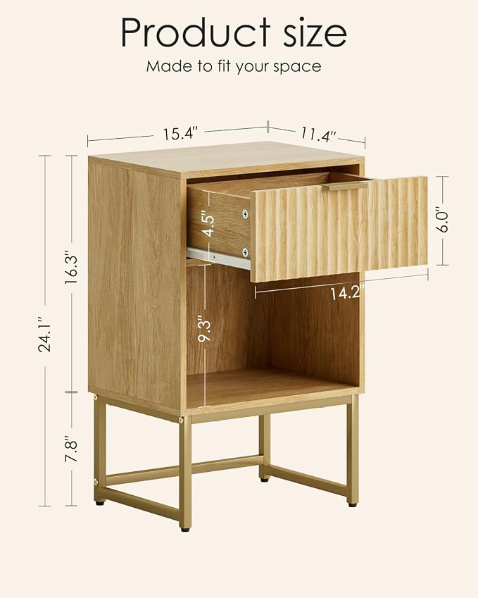 Masupu Fluted Nightstand,Modern Night Stand Wood Bedside Table with Storage Drawer Side End Table for Bedroom,Office,Oak