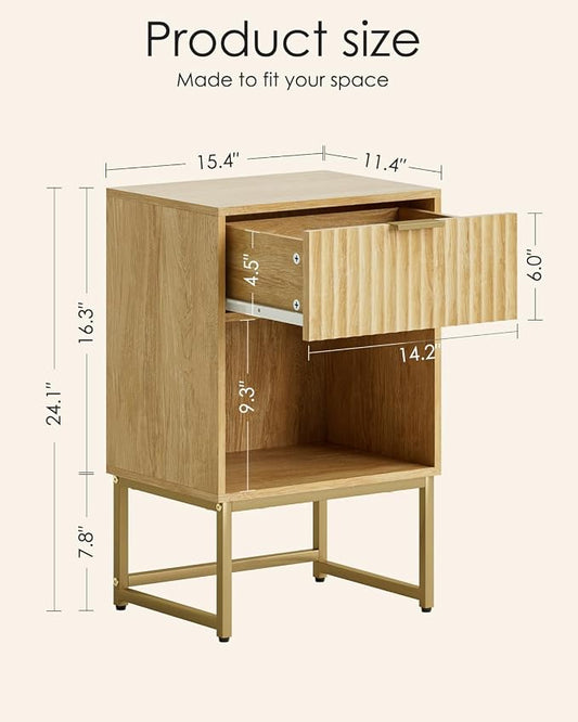 Masupu Fluted Nightstand,Modern Night Stand Wood Bedside Table with Storage Drawer Side End Table for Bedroom,Office,Oak