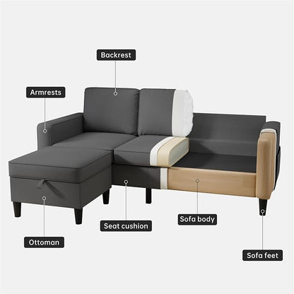 78" Sectional Sofa Couches for Living Room, 3 Seat L Shaped Convertible Couch with Storage Ottoman, Comfortable Pet-Friendly Linen Fabric Sofa Set for Small Space, Apartment, Office, Dark Grey