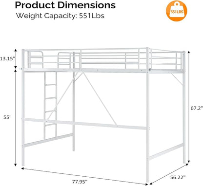 VINGLI Loft Bed Full Size with Flat Rungs for Adults, Kids and Young Teens, No Box Spring Required,Heavy Duty Metal Slat Support,White