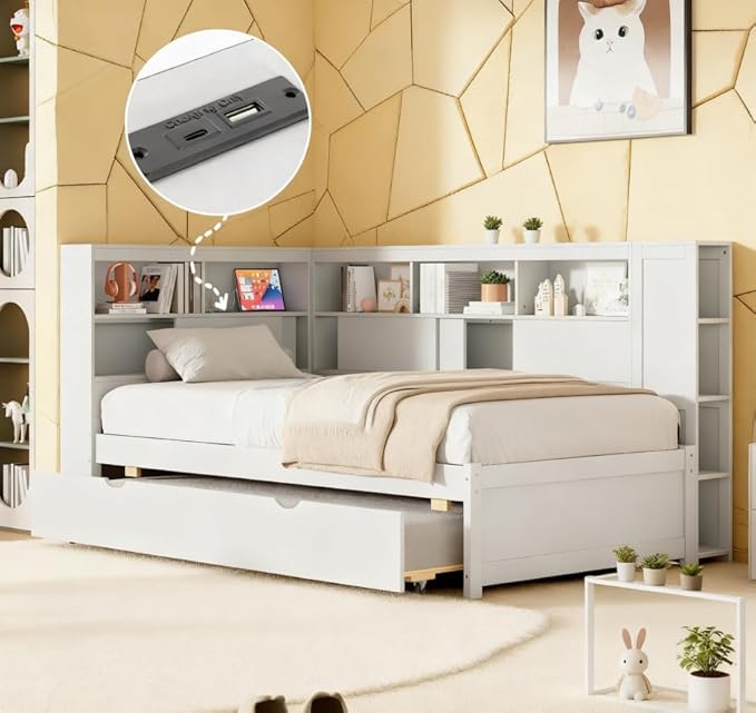 Bellemave Twin Corner Bed Frame with USB Ports, Wood Twin Size Daybed with L-Shaped Bookcase and Trundle，Daybed with Storage Cabinets, White