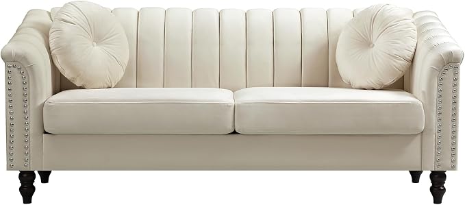 Sectional Sofa Set, Microfiber Chesterfield Upholstered Sofas Loveseat Couch Chair Sets with Style Button Tufted, Scroll Arms and Nailhead for Living Room, Office, Apartment, White,S