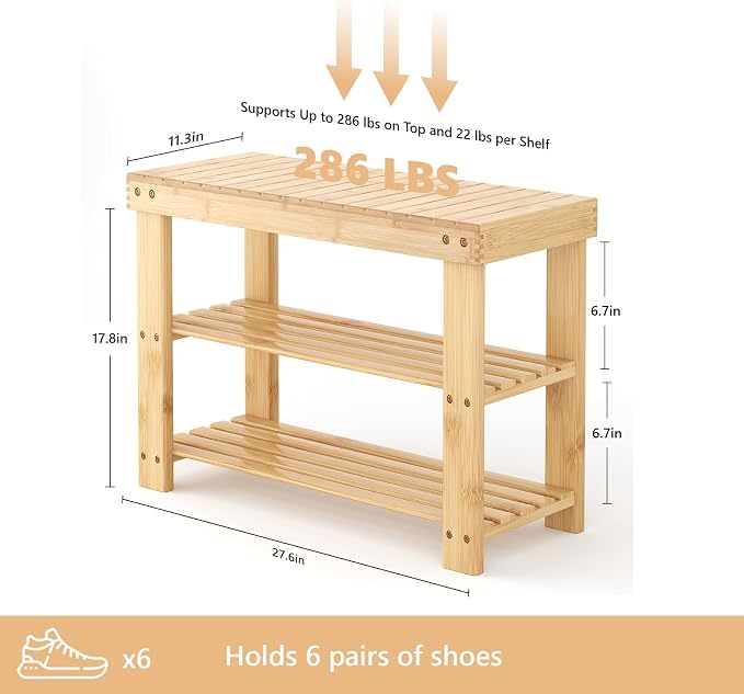 Sweetcrispy 3-Tier Shoe Rack Bench for Entryway, 27 Inches, Wood | Bamboo Shoe Storage Bench, Shoes Rack for Entrance, Bedroom, Living Room, Balcony, 6 Pairs, 286lb Capacity