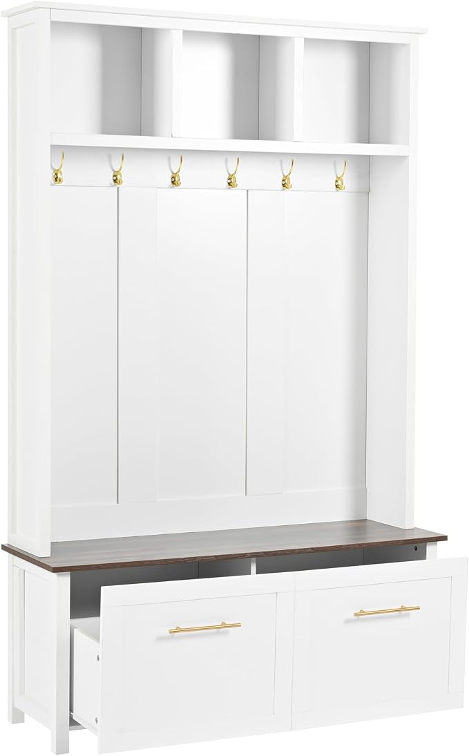 Merax Modern 4-in-1 Storage Hall Tree with Bench, Versatile Multiple Space with 6 Golden Hooks, 2 Drawers, Entryway Coat Rack for Living Room, Hallway, White