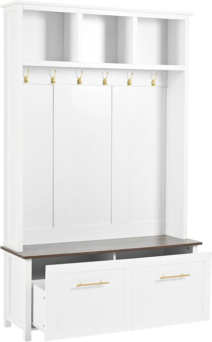 Merax Modern 4-in-1 Storage Hall Tree with Bench, Versatile Multiple Space with 6 Golden Hooks, 2 Drawers, Entryway Coat Rack for Living Room, Hallway, White