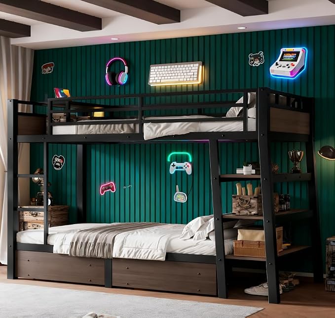 Bellemave Bunk Bed Twin Over Twin，Metal Bunk beds with Storage Shelves, LED Light Strip, and USB Power Strip, Upper Bed with Desk, Black