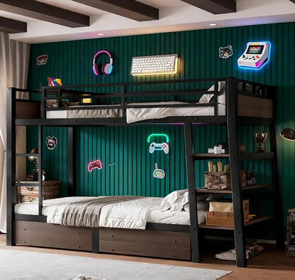 Bellemave Bunk Bed Twin Over Twin，Metal Bunk beds with Storage Shelves, LED Light Strip, and USB Power Strip, Upper Bed with Desk, Black
