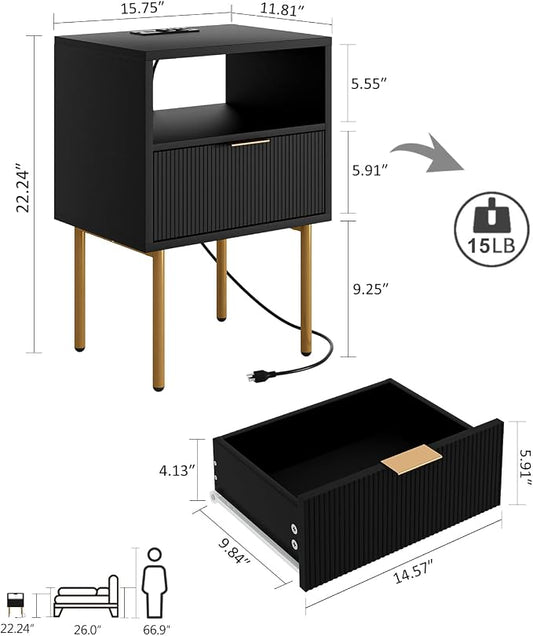 Masupu Nightstand with Charging Station,Mid-Century Modern Bedside Table with Storage Drawer and Open Wood Shelf,Small Gold Frame Side Table for Bedroom,Living Room (Black)
