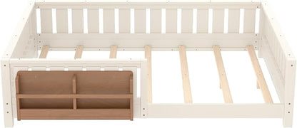 Bellemave Beige Light Natural Montessori Floor Bed with Fence and Slats, Queen Size Montessori Floor Bed with Bookcase and High Rails, Easy Assemble Bed Frame for Girls, Boys, Queen