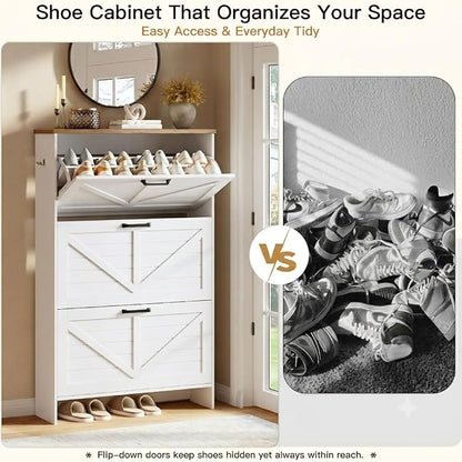Nicetree Shoe Storage Cabinet for Entryway, Freestanding Fluted Accent Ultra Slim Shoe Cabinet with 3 Flip Drawers, Farmhouse Shoe Rack with 3-Tier Adjustable Shelves for Hallway Foyer Rustic-White