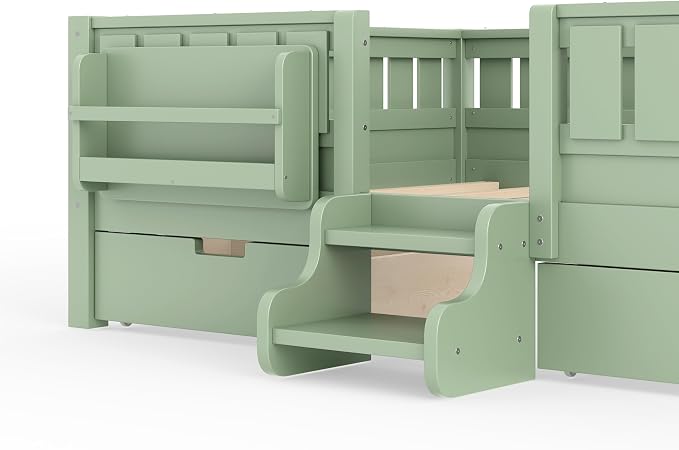 Bellemave Full Size Bed Frame with Storage Drawers & Bookshelf, Low Profile Kids Bed with Staircase & Full Length Guardrails, Solid Wood Full Size Bed Frame Kids with Slats Load 550 LBS, Green