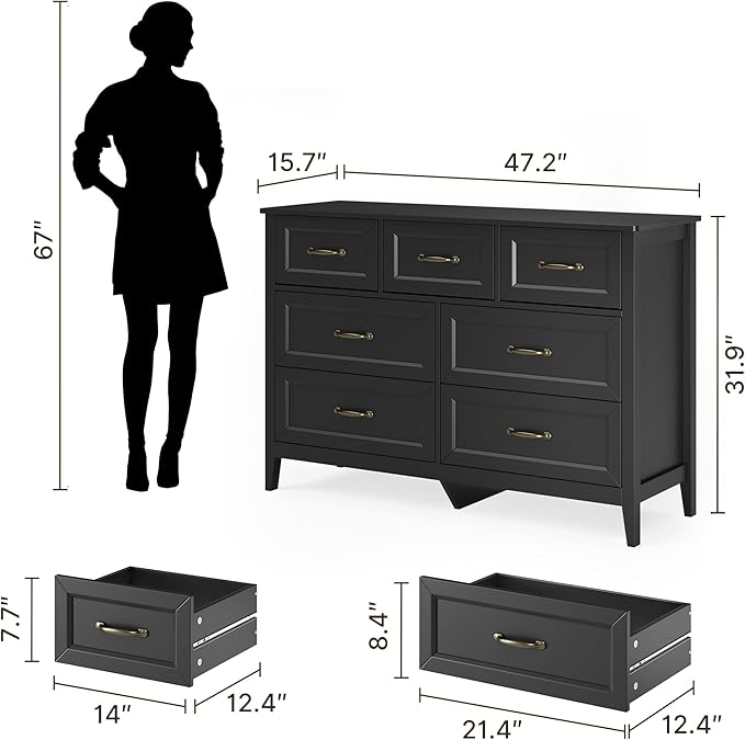 Gizoon 3PC Bedroom Furniture Set, 7 Chest of Drawers & 2 Nightstands with Charging Station, USB Type-C Outlet, Farmhouse Bedside Table Combo, Black Bedroom Set
