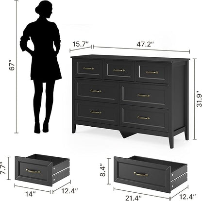Gizoon 3PC Bedroom Furniture Set, 7 Chest of Drawers & 2 Nightstands with Charging Station, USB Type-C Outlet, Farmhouse Bedside Table Combo, Black Bedroom Set