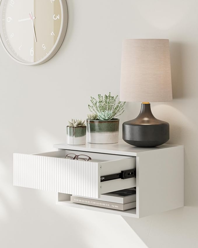Modern Small Nightstand with Drawer, Floating Shelves for Bedroom, Bathroom (White Stripe)