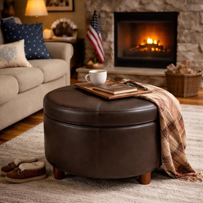 HomePop 24" Round Leatherette Storage Ottoman - Chocolate Brown