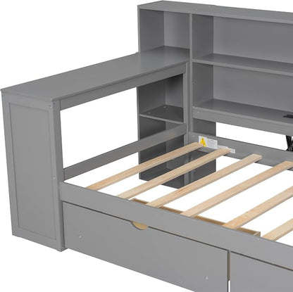 Bellemave Twin Corner Bed with Storage Shelves and Desk, Upholstered Headboard Daybed with Bookcase and Drawers，Daybed with Storage, Grey+ Grey Cushion