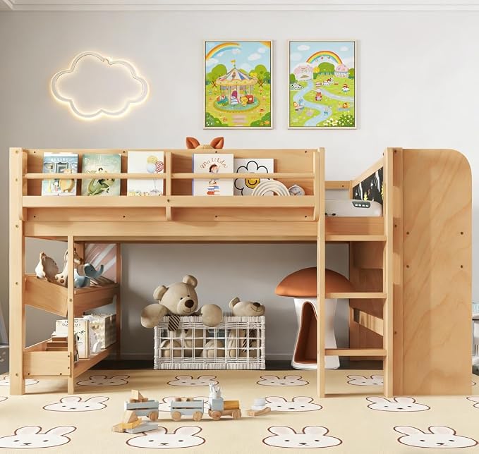 Bellemave Full Size Low loft Bed with Desk and bookcases, Boxes and Drawers for Kids,Wood Modern Farmhouse Kids Loft Beds with Shelf, Natural